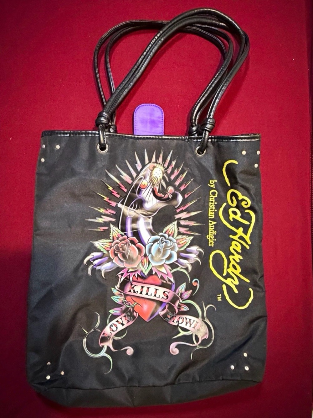 Ed Hardy Black Tote with Multicolor Tattoo Heart Graphic